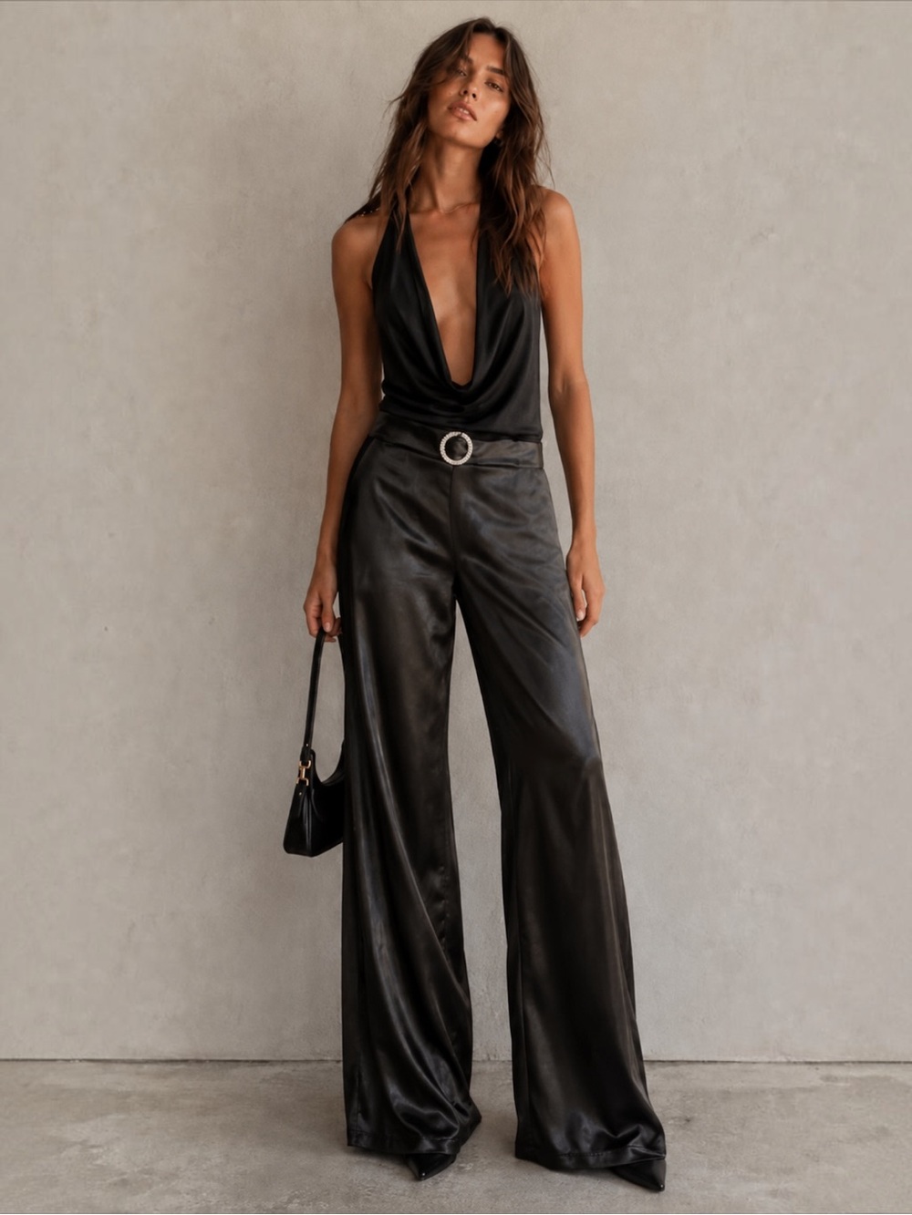 Black Satin High Rise Wide Leg Pants | Rhinestone Buckle |  Y2K Party Glamour